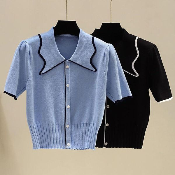 

women's t-shirt women 2021 summer fashion knitted t-shirts v-neck button up tees short sleeve casual crop ladies elegant chic z74, White