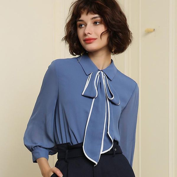 

women's blouses & shirts gaberly classic chiffon mesh stitching lantern sleeve bow loose blouse shirt spring autumn 2021 blusas women, White