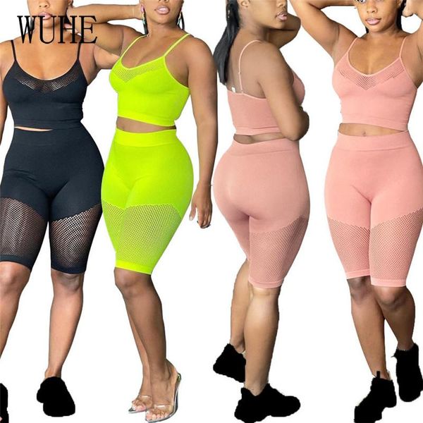 

women's tracksuits yeya sports fitness 2 sets mesh patchwork see through spaghetti strap sleeveless short pants casual party summer out, Gray