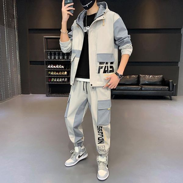 

men's tracksuits men sets hip hop trousers+jacket suits fashion high street tees summer streetwear joggers trousers set sportswear, Gray