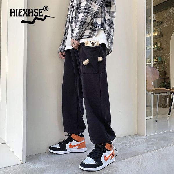 

harajuku men's straight pants with bear wide-leg loose casual trousers streetwear clothing bermuda cargo, Black