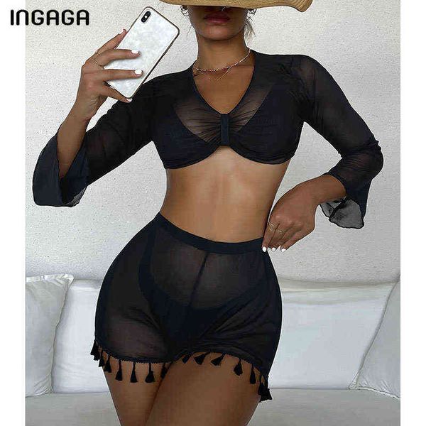 

swimsuit mesh beach outing swimsuits 2 piece set women swimwear long sleeve beach cover up tassel beachwear summer, White;black