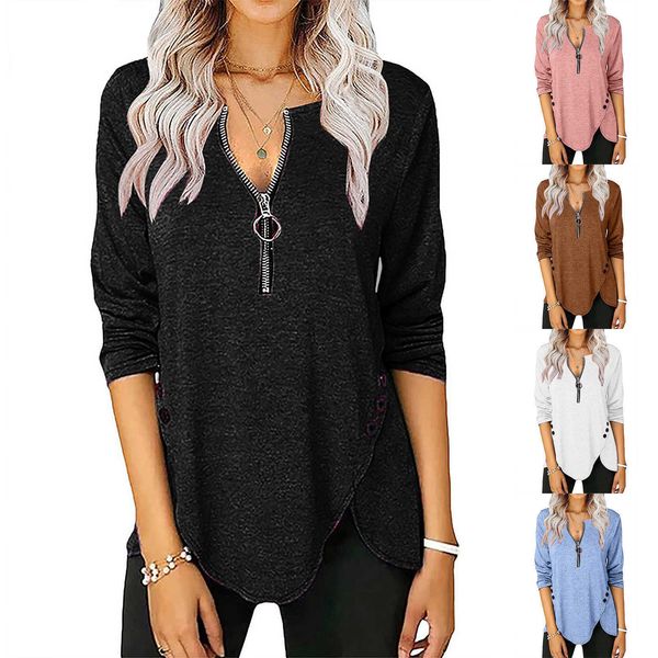 

2022 new women's casual long sleeve v-neck zipper button t-shirt, Tan;black