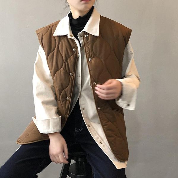 

women's vests lightweight dual pocket button up quilted coat puffer vest coffe / white black, Black;white