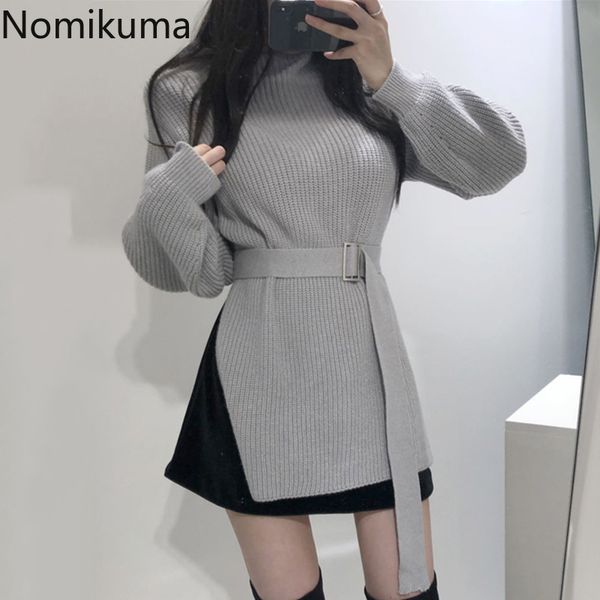 

nomikuma autumn winter half turtleneck women sweater long sleeve solid elegant belt slim waist knitted pullover new 6c060 210427, White;black
