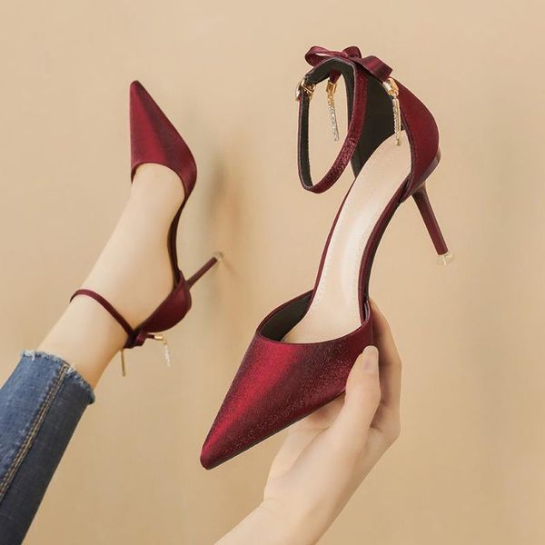 

dress shoes real silk crystal fringe bowtie pumps woman ankle buckle pointy toe celebrities women stiletto high heels zapatos2021, Black