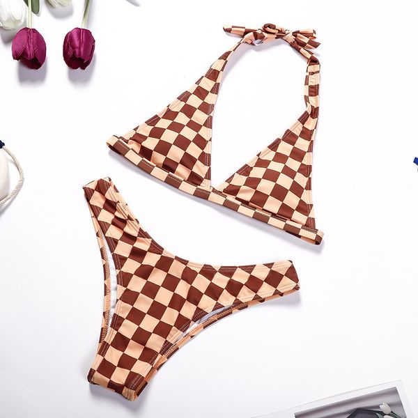 

2021 new yellow brown plaid split bikini swimsuit women, White;black