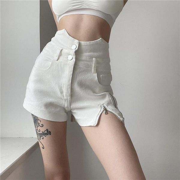 

women's shorts trendy high waist women denim jeans side split open short trousers zipper design korean street sweatshorts white, White;black