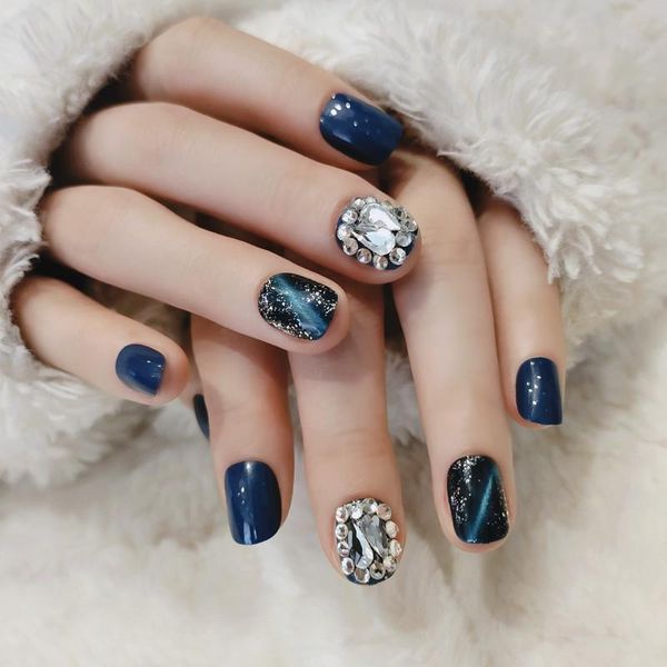 

false nails 24pcs full rhinestones nail patch dark style glue type removable short paragraph manicure save time cin6 899, Red;gold