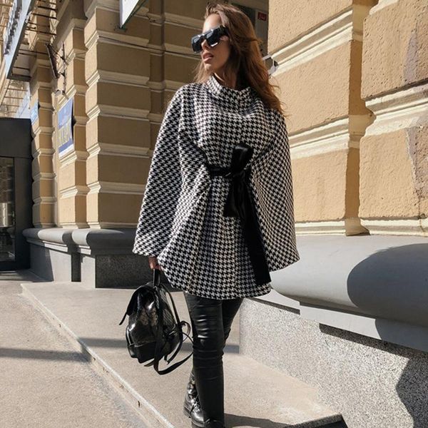 

women's wool & blends autumn and winter short coat retro houndstooth loose warm fashion street cape lace-up jacket pullover for woman, Black