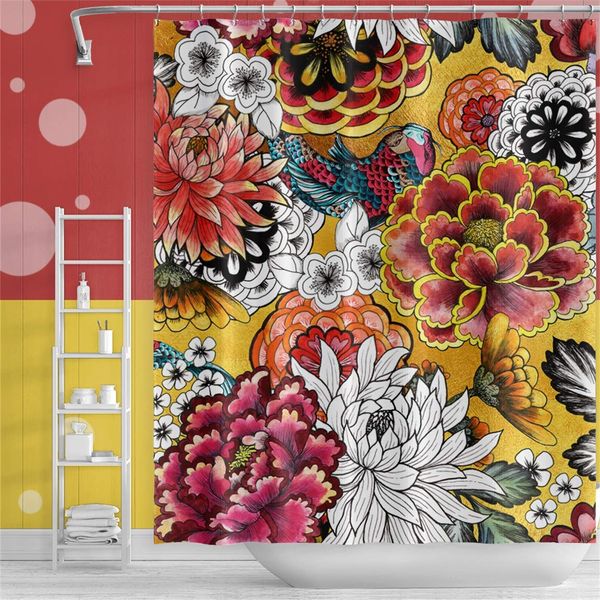 

flower shower curtain beautiful peony vintage style colorful floral pattern gold fish yellow background bathroom curtain for