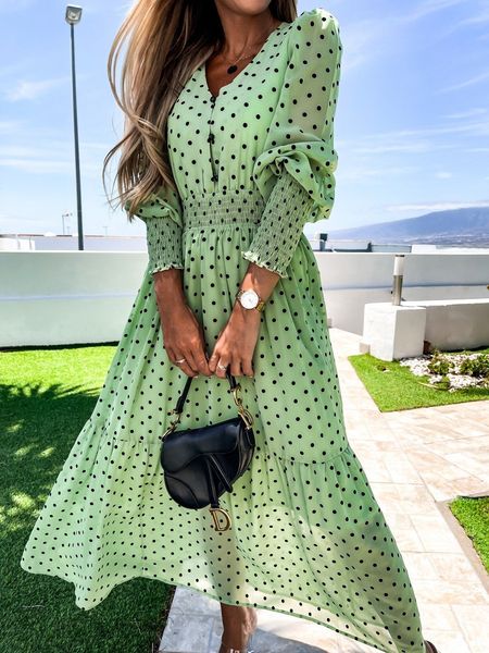 

luxury casual drs2021 women's wave dot sleeve drs long skirt, Black;gray