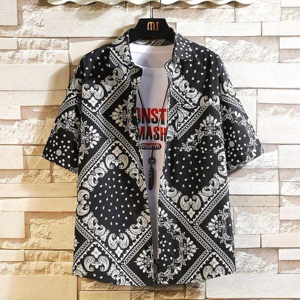 

men's casual shirts brand 2021 summer print green shirt fashion short sleeve loose plus oversize -4xl 5xl hawaiian, White;black