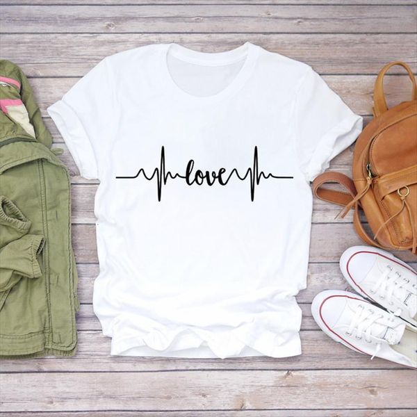 

love heartbeat geometric printing cute womens t shirts summer autumn 90s print graphic female tee, White