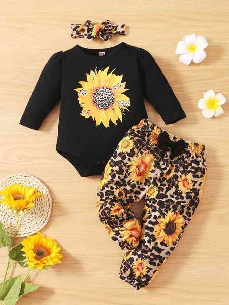 

baby floral print bodysuit & leopard print sweatpants with headband she, White