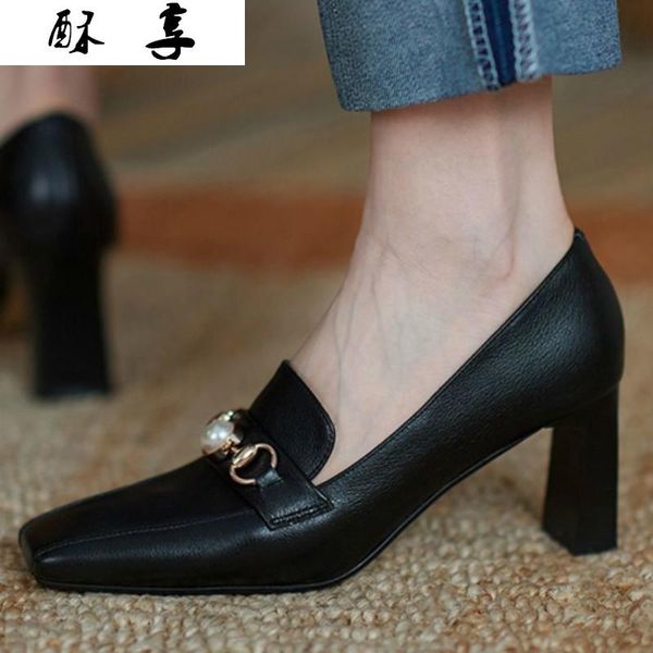 

dress shoes spring woman fashion mature elegant high heels comfortable and lightweight work shallow mouth square heel, Black