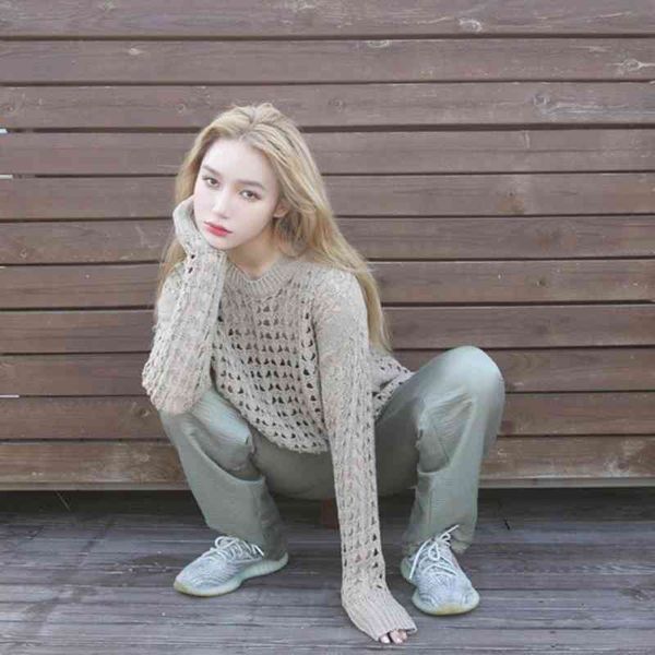 

autumn hollow chain link knit loose temperament fashion long sleeve top, White;black