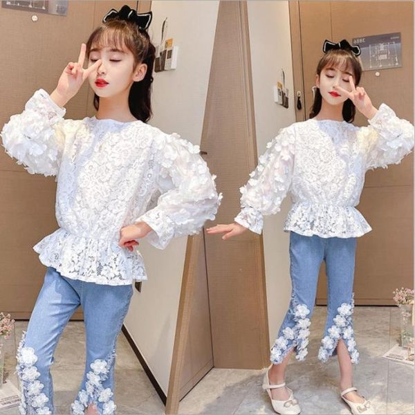 

clothing sets baby girl spring autumn long sleeve shirt + denim pants 2pcs children flowers embroidery teenage clothes wz282, White