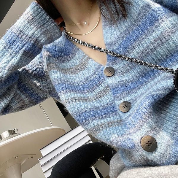 

women's knits & tees striped contrast sweater knitted cardigan women autumn winter korean v-neck loose coat, White