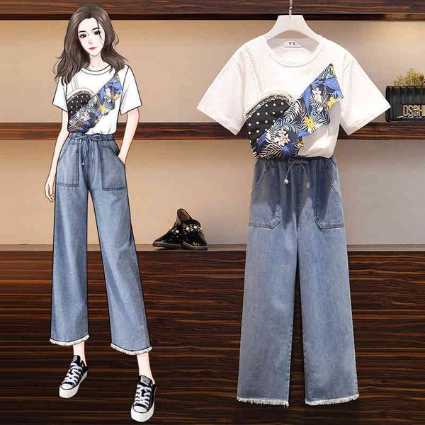 

casual cotton t-shirt denim suits female two piece pearls ruffles patchwork print tee+wide leg pants jean pant set 210416, White