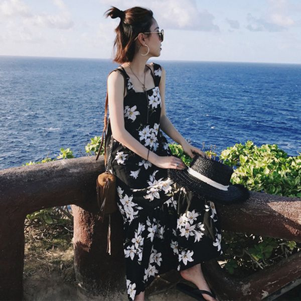 

dresses 2021 summer floral suspender women's dress one shoulder small fresh holiday printing skirt, Black;gray