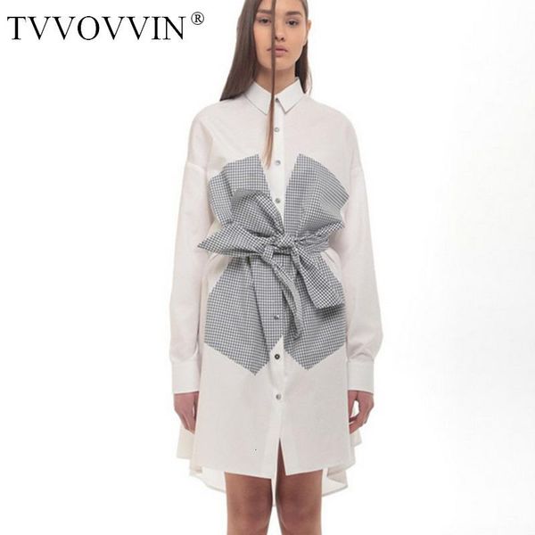 

casual dresses tvvovvin []2021 autumn women clothes european turn-down long sleeve bows gray patchwork fake two pieces shirt dress j823, Black;gray