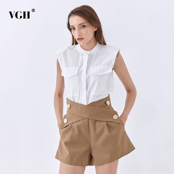 

vgh solid color korean shoulder pad vest for women two pockets slim fit o neck long sleeve casual vests female spring new 210421, White