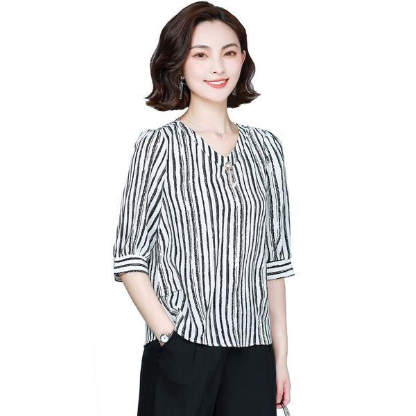 

women's blouses & shirts 2021 woman summer elegant pullover loose vertical stripes shirt, White