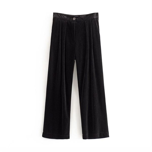 

women's pants & capris stylish black velvet wide leg women high waist zipper pockets office wear full trousers pantalones, Black;white