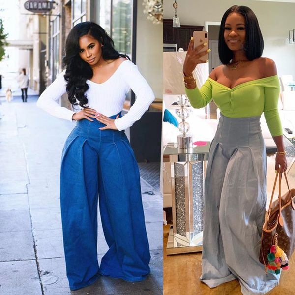 

jeans women's spring loose pleated wide leg pants df0651, Blue