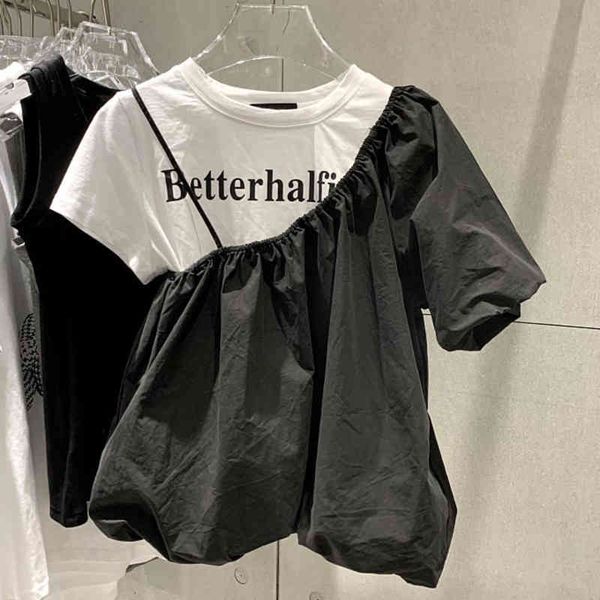 

women's t-shirt [ewq] chic casual trend women o neck stitching fake two-piece fashion loose short sleeves cotton t-shirt summer k2hz, White