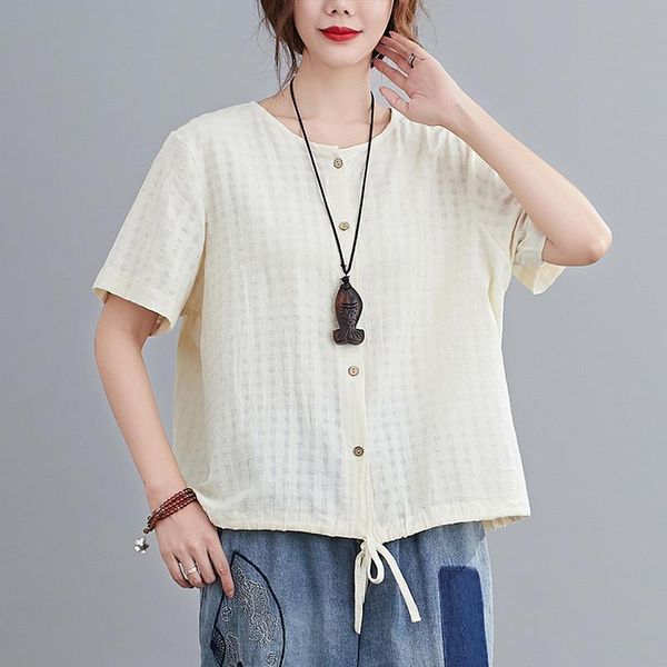 

po shoot summer style stripes crew neck women's cardigan cotton linen shirt loose casual hem drawstring short-sleeve blouses & shirts, White