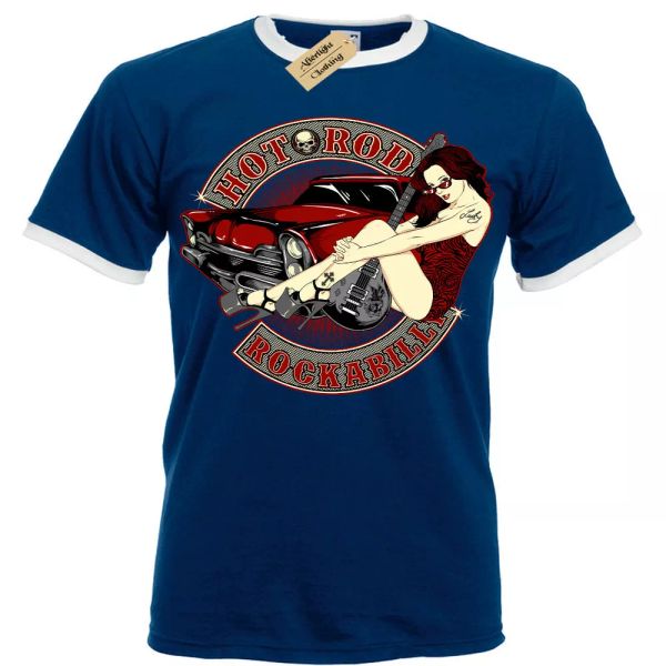 

caliente rod rockabilly camiseta pinup guitarra mujer hombre ringer, White;black