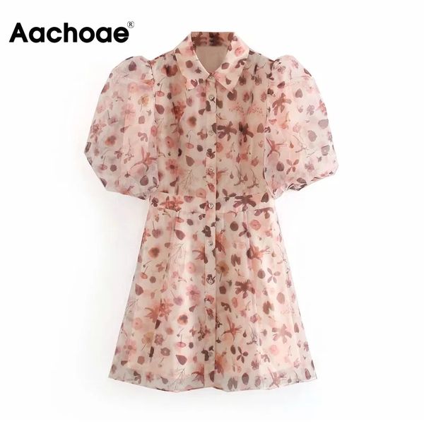 Aachoae Tatlı Çiçek Baskı Organze Gömlek Elbise Kadın Puf Kısa Kollu Mini Parti Elbise Açılır Yaka Yaz Elbiseler 210413