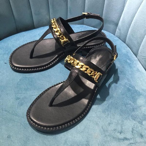 

sandals metal chain women slides genuine leather flat casual outdoor for sandal zapatos de mujer, Black