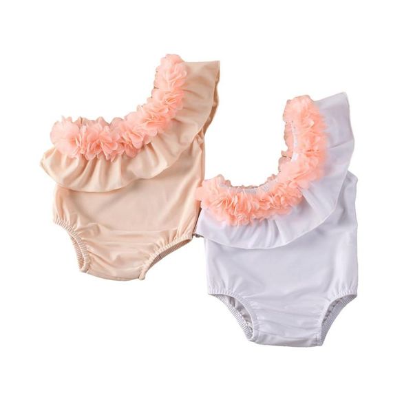 

one-pieces 0-24m born girl sleeveless swimsuit romper one shoulder ruffle floral solid pink white lace swimwear baby bathing suit, Black