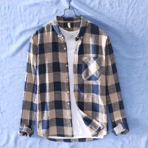 

men's casual shirts 2022 plaid causal with pocket long sleeve linnen cotton shirt men small collar summer for male red blue, White;black