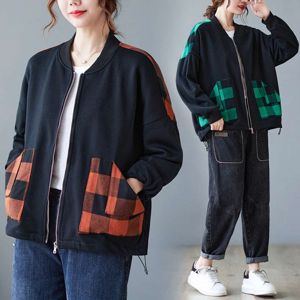 

fashion short coat loose large cardigan plaid stitched sweater, Black;brown
