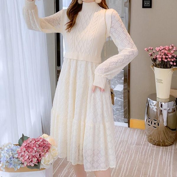 

casual dresses knitted patchwork lace korean fashion mini dress autumn winter 2021 long sleeve elegant slim vintage vestido de mulher, Black;gray