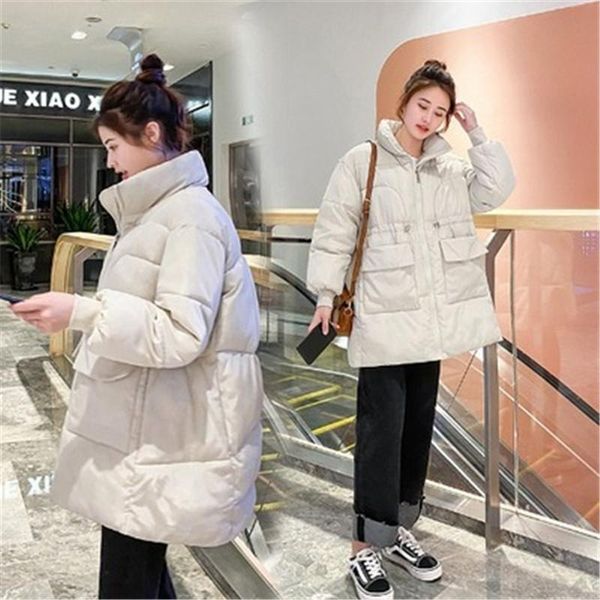 

womens down padded jackets fashion trend stand collar drawstring mid-length coats designer winter female solid colors loose thick outerwear, Black