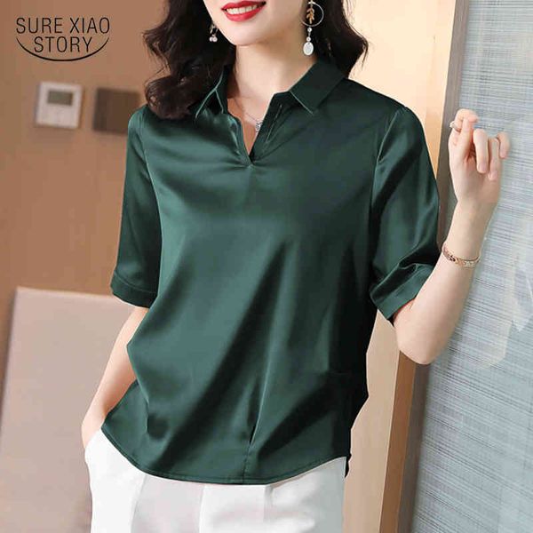 

korean style pullover blouse summer plus size silk shirts office lady solid loose crop women 9908 210415, White
