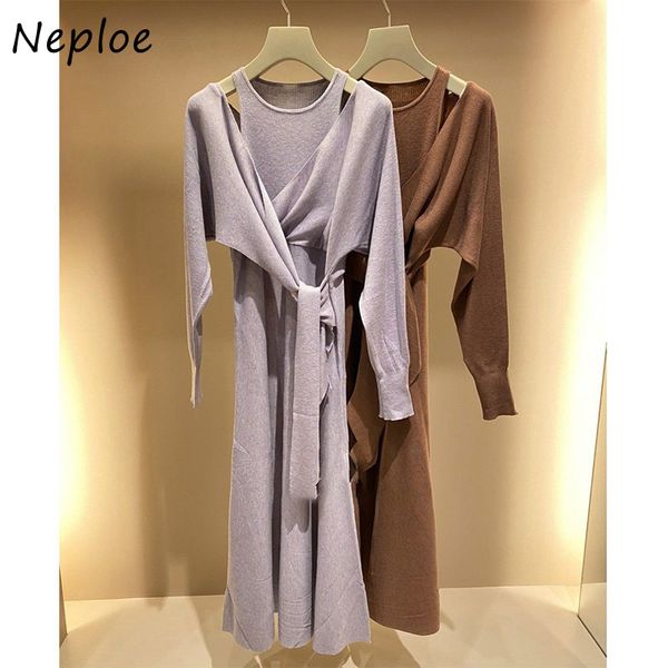 

neploe candy color fake two piece knitted dress elegant shoulder strapless women dresses new fashion soft vestidos 1h600 210423, Black;gray