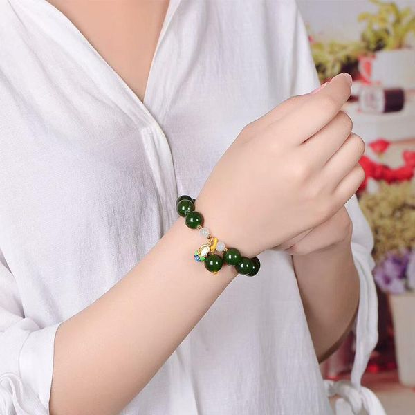 

green chalcedony crystal bracelets 12mm beads with cloisonne shoes pendant bracelet women lucky jewelry drop beaded, strands, Black
