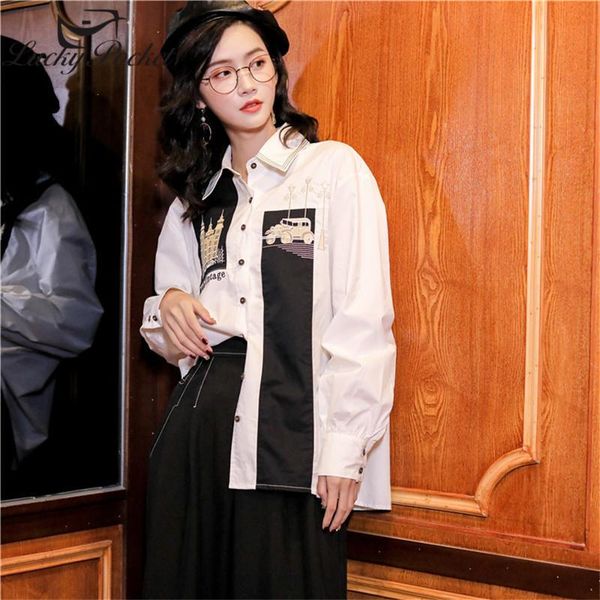

women's blouses & shirts women spring autumn slim black patchwork cartoon print shirt ladies solid color plus size female brand casual, White