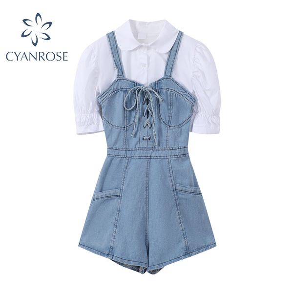 

blouses+denim shorts jumpsuits 2 pices sets sweet retro white slim shirt and blue drawstring lace-up zipper jeans outfits female 210417