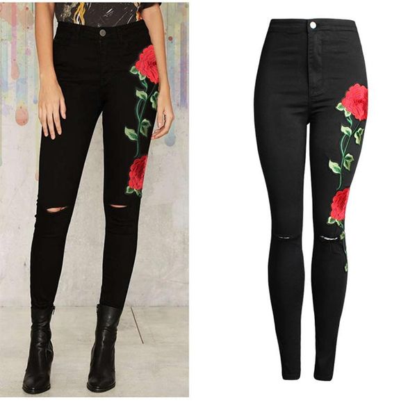 

women's jeans denim trousers 3d embroidered high-waisted black feet pants, Blue