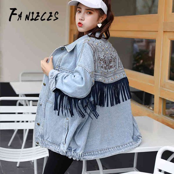 

moto & biker denim jacket female spring autumn punk style embroidered rivet fringed pocket denim short women abrigo mujer 210520, Black;brown