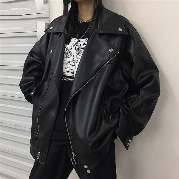 

IEFB /men's wear 2021 spring fashion streetwear Black PU Leather oversize Jacket Loose Zipper Korean hip hop coat 9Y1188, Black;brown