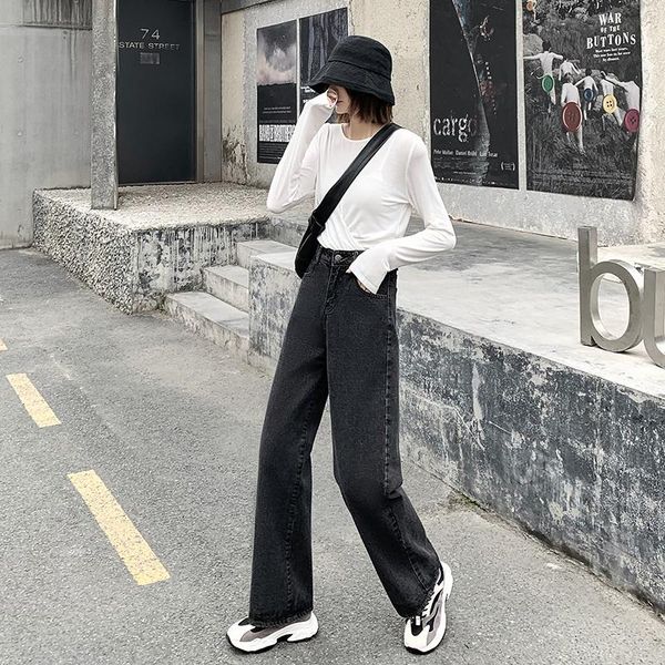 

women's jeans bornsra 2021 spring fashion women denim high-waist straight for side split vintage female long pant, Blue