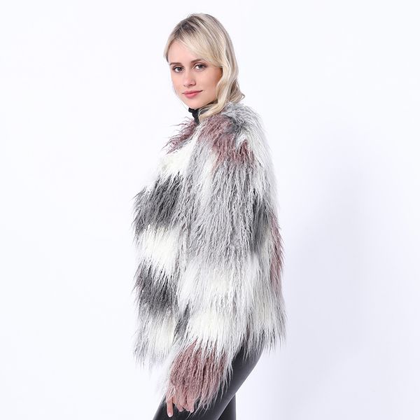 

2019 faux fur jassen o-hals patchwork nieuwe mode herfst en winter europa wind vestidos, Black
